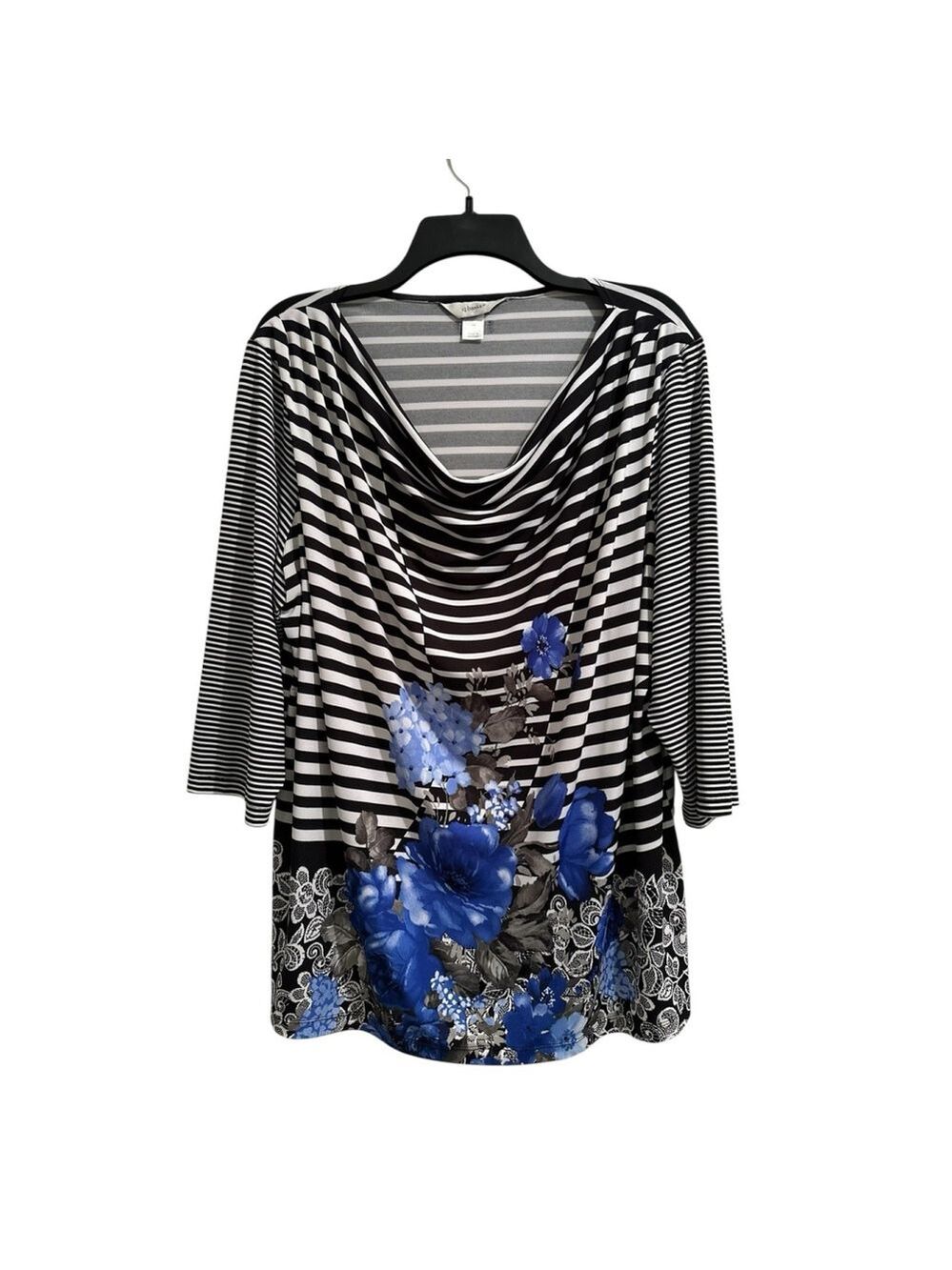 CJ Banks Floral Fairycore Tunic Blouse Womens 1X Cowl Neck Asymmetrical Stripes